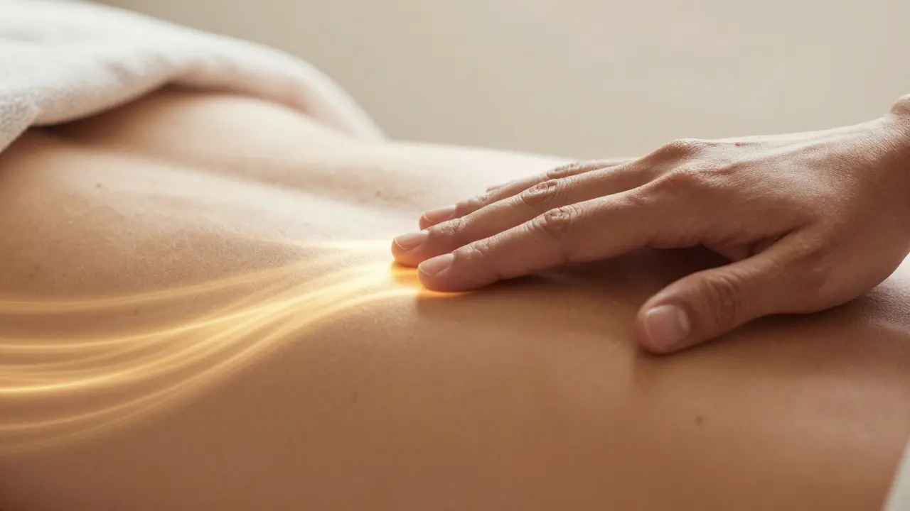 Detail jemného doteku ruky na zádech s golden efektovými stopami symbolizujícími pomalý rytmus.