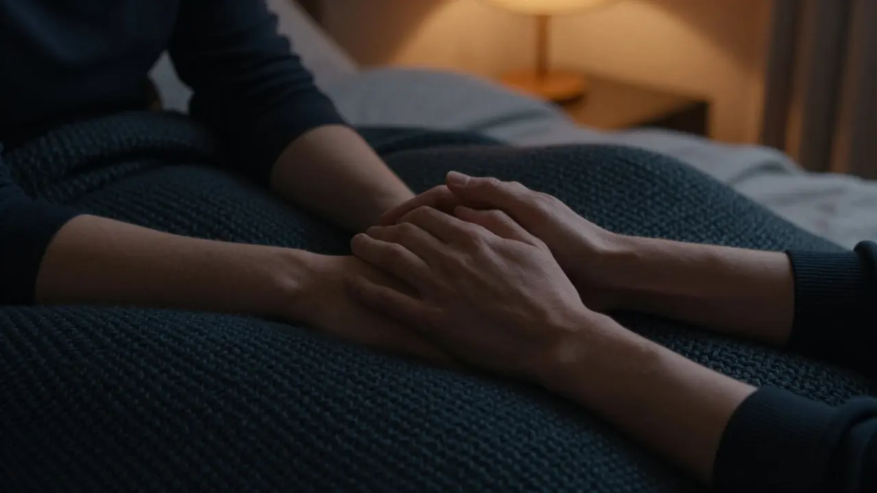 Detail spletených rukou partnerů na přikrýdle symbolizující důvěru a bezpečí.