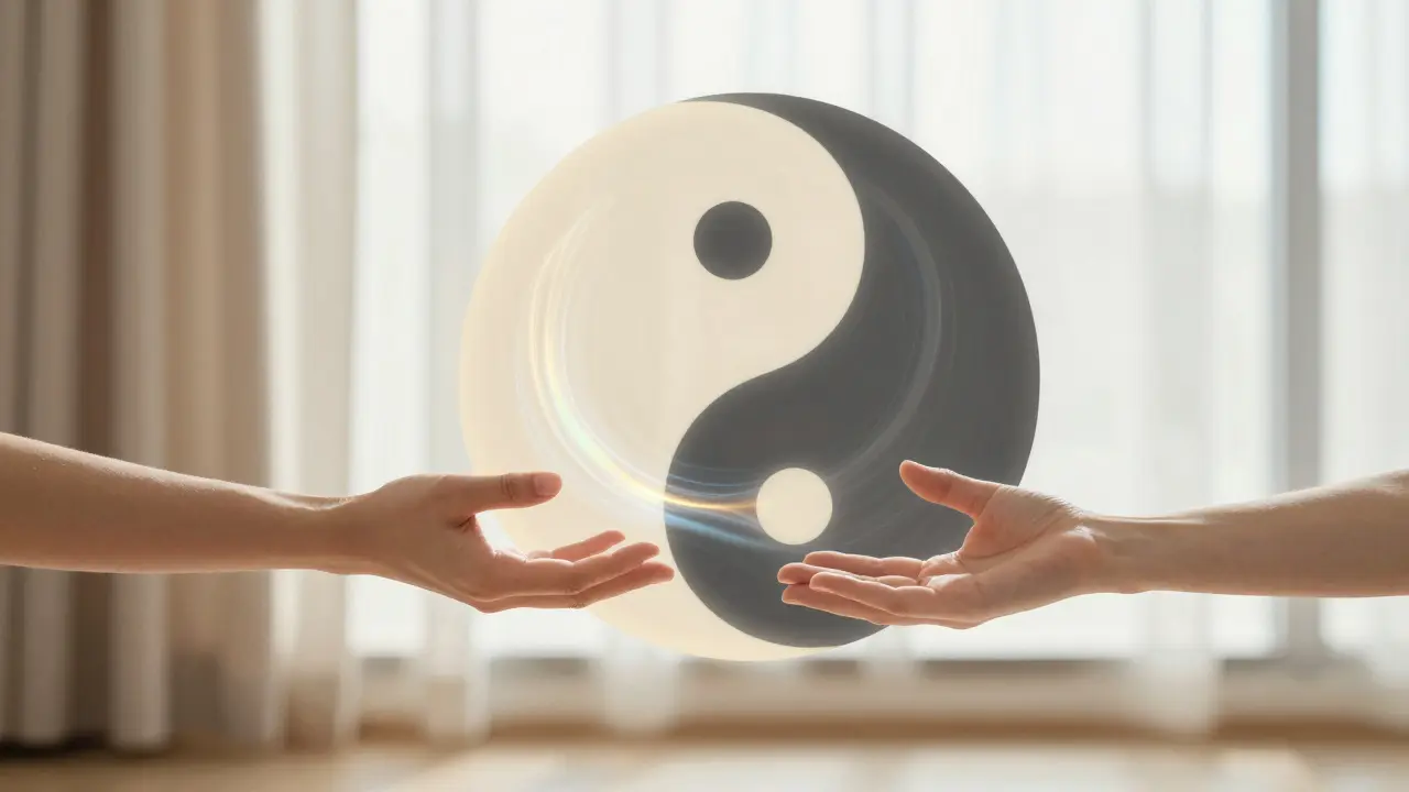 Dvě ruce v meditativním gestu propojené proudem iridescentní energie.