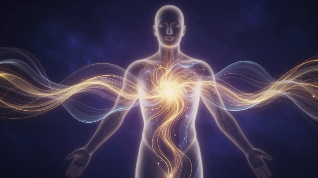 Konceptuální zobrazení energetického toku a vnitřního světla v těle.