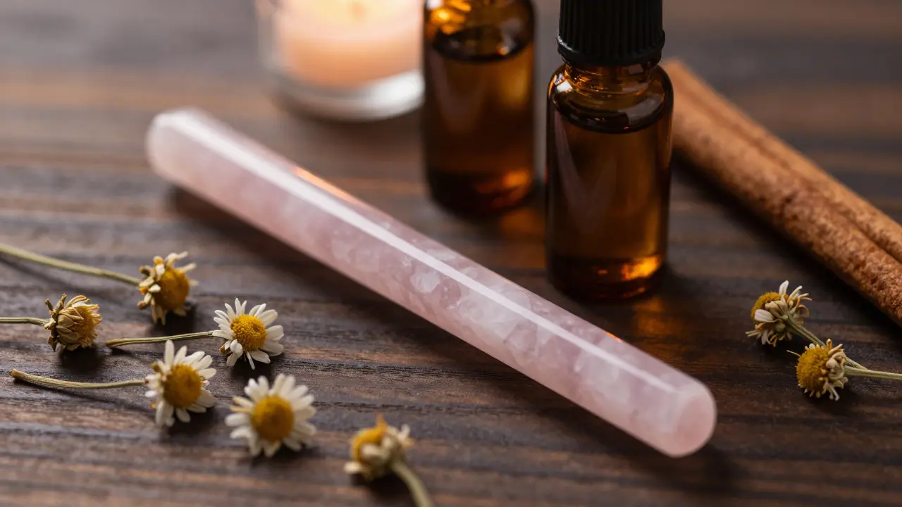 Křišťálové paličky a esenciální oleje na dřevěném stole.