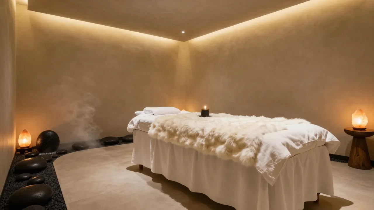 Luxusní interiér párového masážního studia s peřinkami, kožešinami a lávovými kameny.
