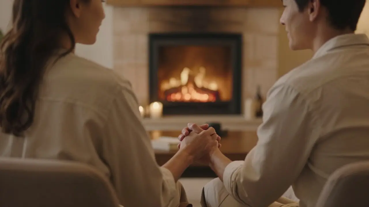  ridges Párem sedící v útulném prostředí a vedoucí si hluboký rozhovor o důvěře a intimitě.