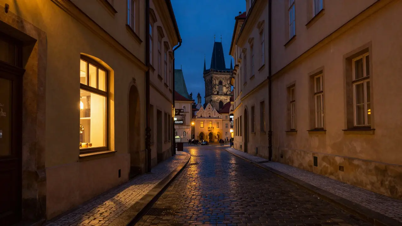 Romantická úzká ulička v Praze s osvětlenou kavárnou a dlažbou.