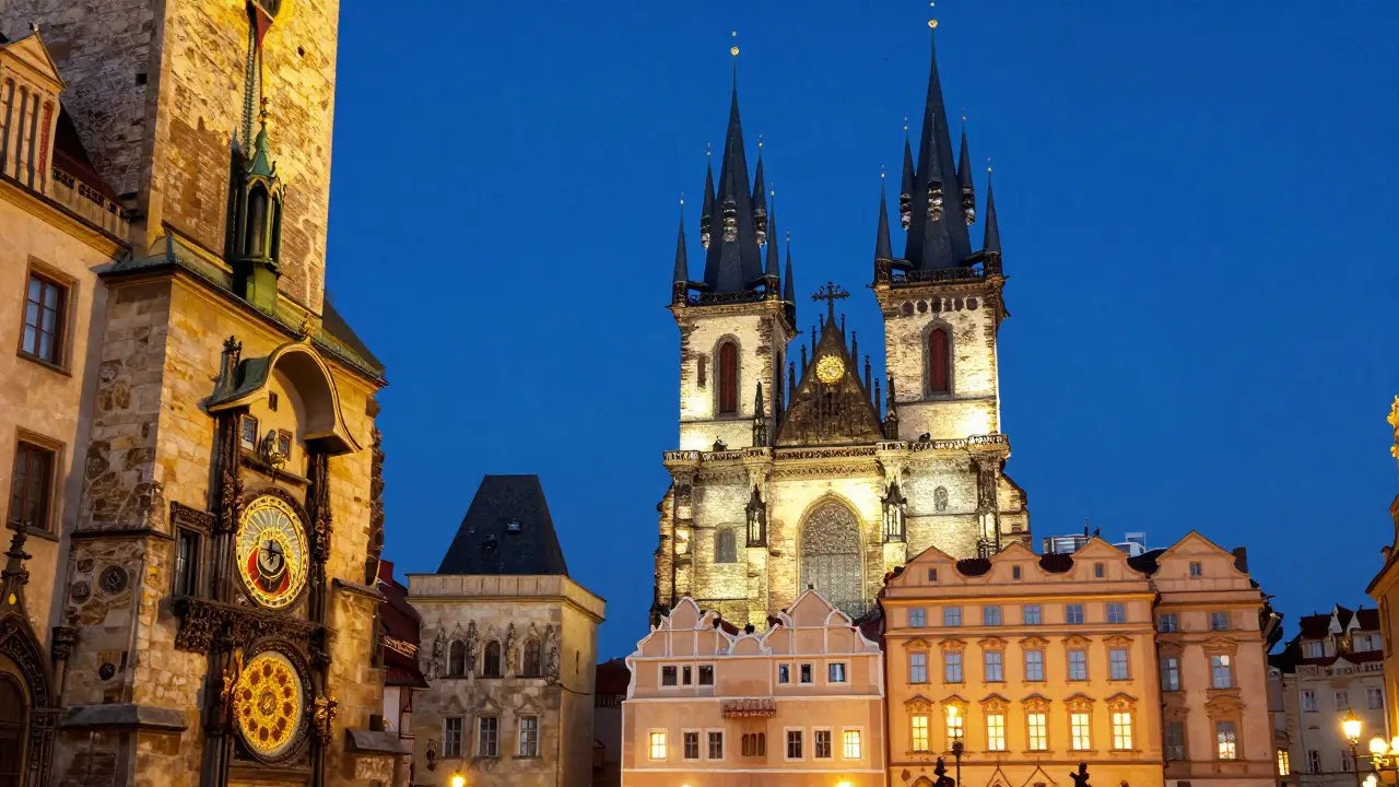 Staroměstské náměstí s Týnským chrámem a Orlojem v modřině večera.