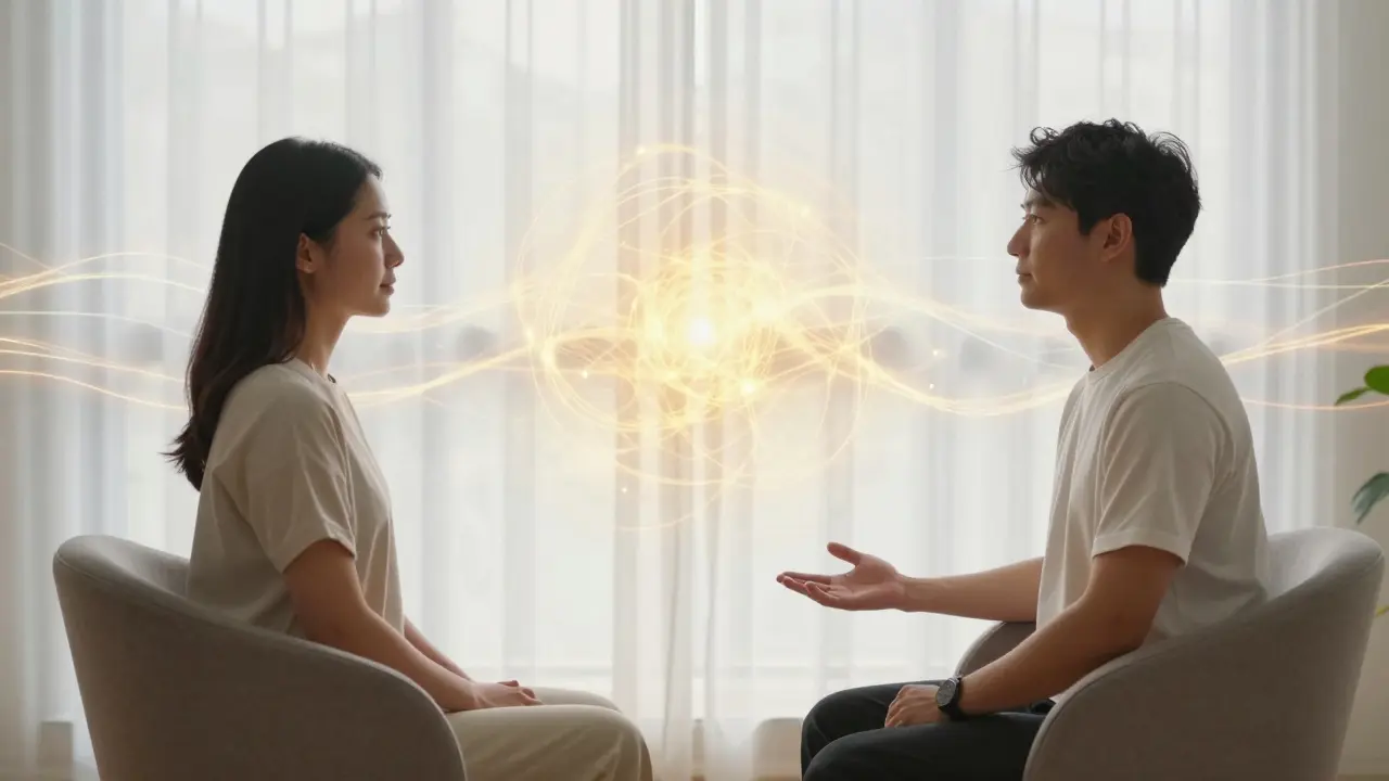 Terapeut a klientka během úvodního pohovoru v klidném prostředí.