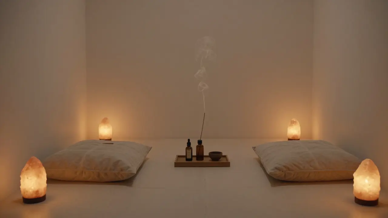 Uklidněný interiér s olejem a polštáři připravený pro párový rituál.