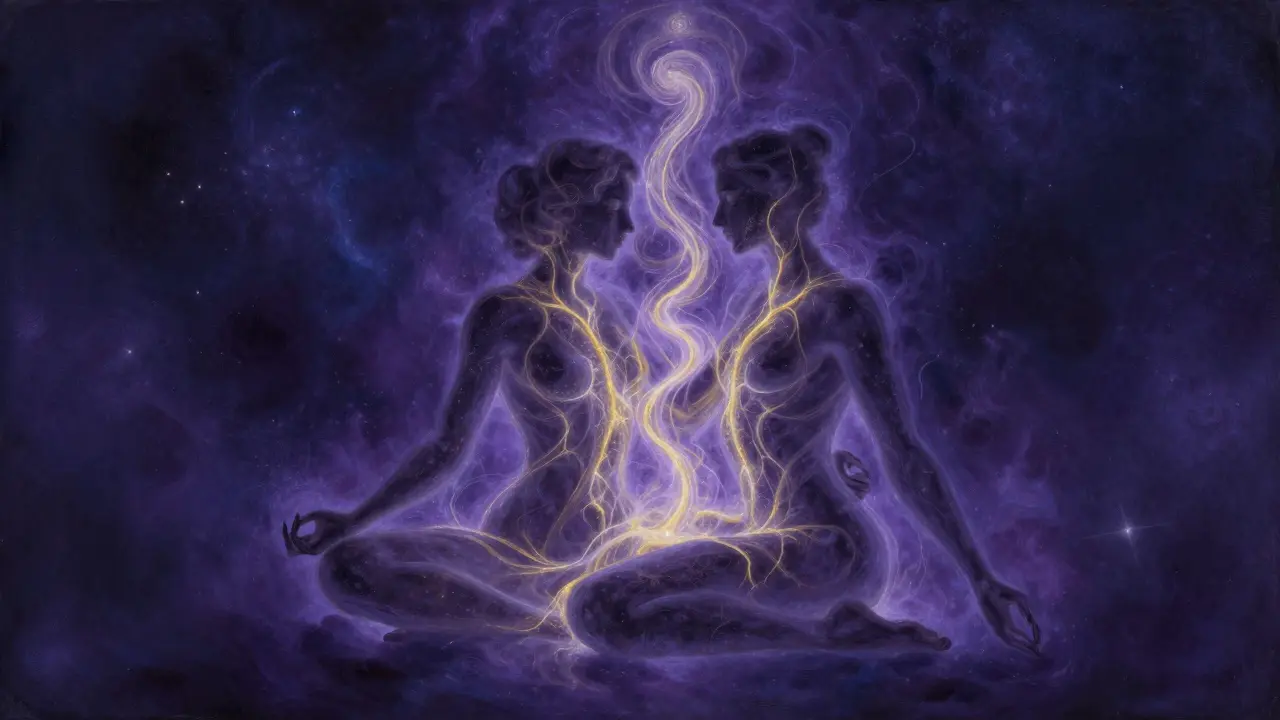 Umělecký obraz dvou postav spojených spirálou zlaté a fialové energie v kosmickém prostoru.