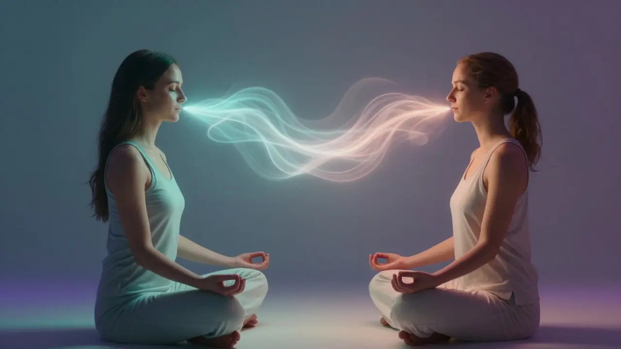 Umělecký obraz páru v meditačním rytmu s vizualizací společného dechu.