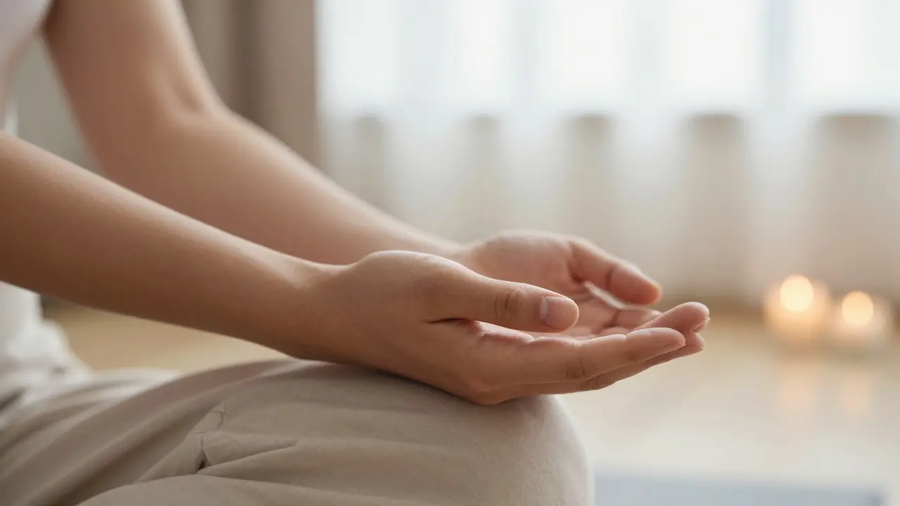 Krajní záběr klidných rukou při meditaci s měkkým světlem pro atmosféru soustředění.
