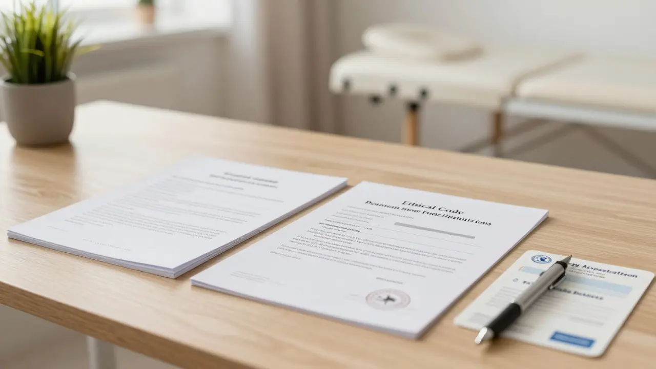 Profesionální pracovní stůl s certifikáty a etickým kodexem terapeuta