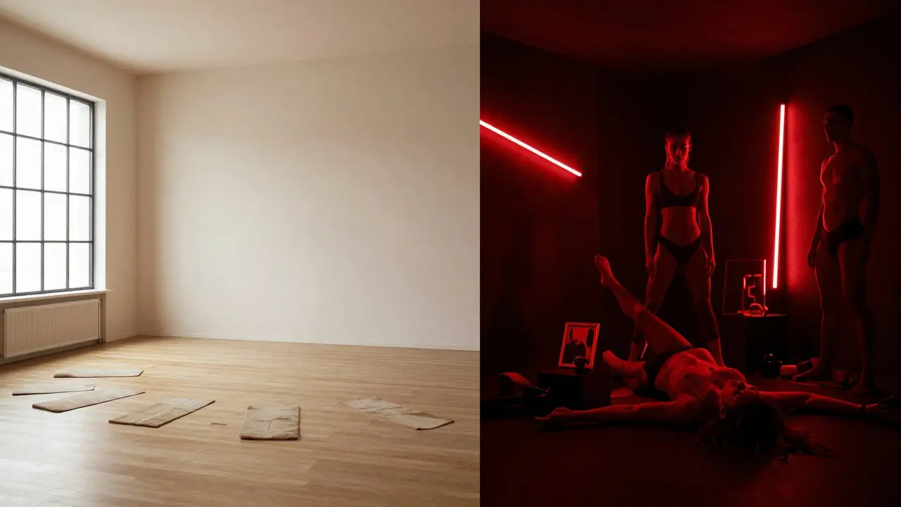 Kontrast mezi klidným profesionálním studiem a tmavou podvodnou reklamou