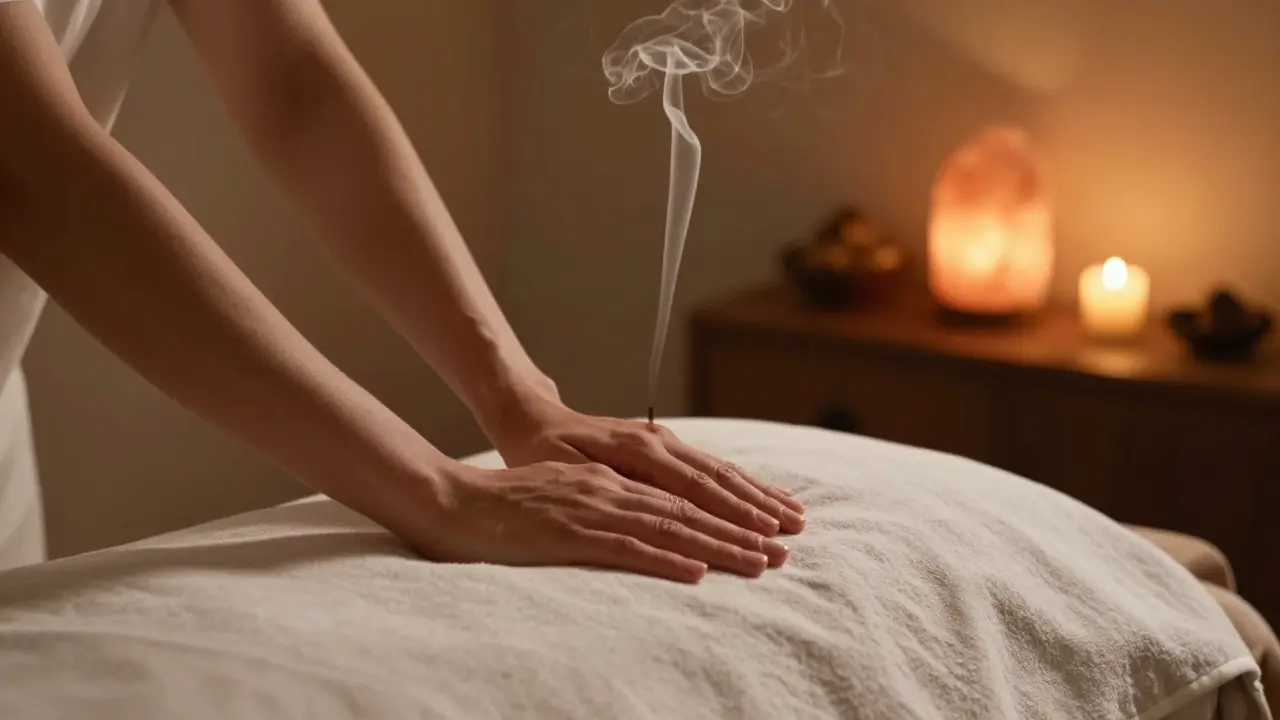 Serene dimly lit massage room with incense and oils on table
