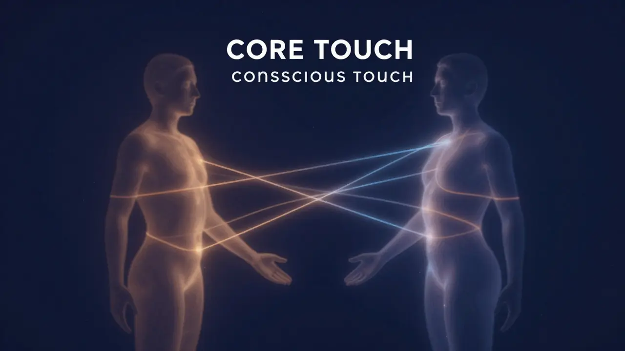 Abstract figures connected by glowing energy lines