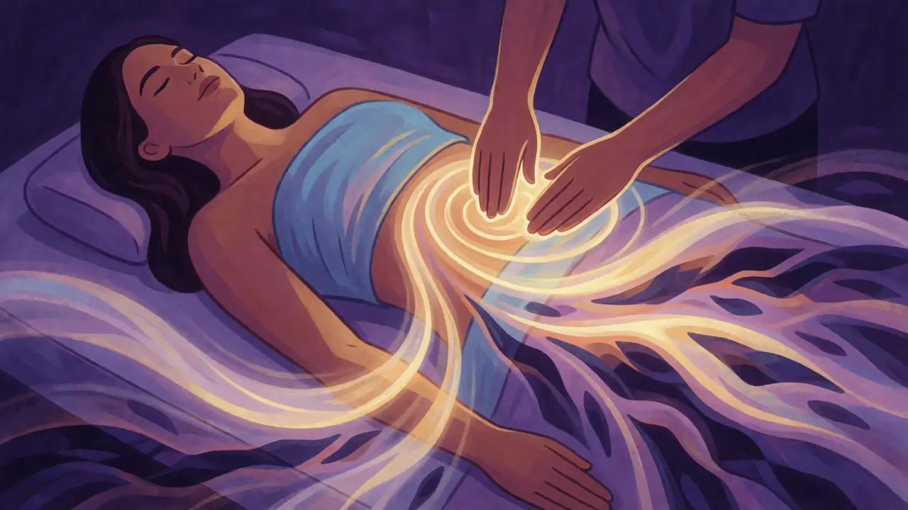 Conceptual art showing energy flow healing postpartum trauma.
