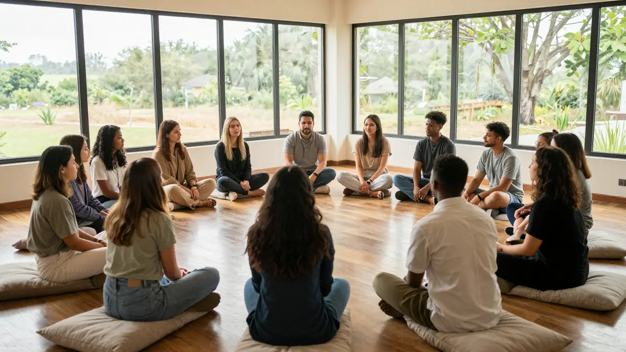 Group sharing circle in a sunlit wellness room