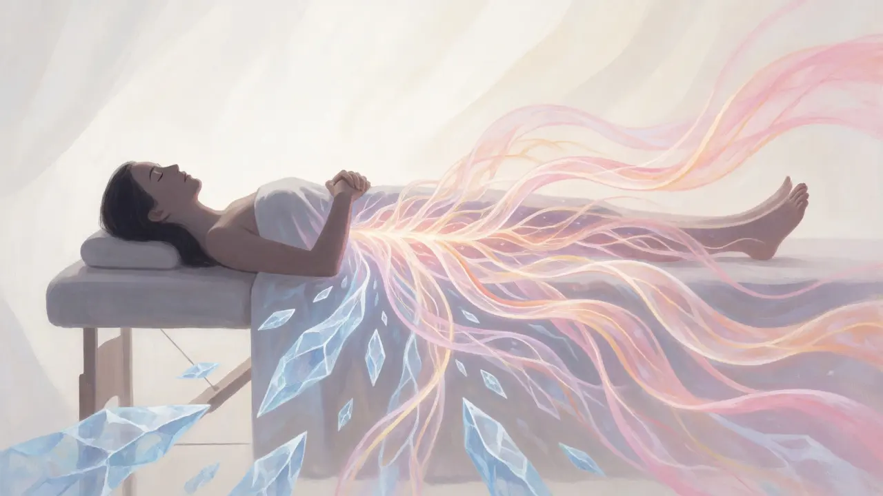 Ilustrace ženy na masážním stole s proudy energie uvolňujícími napětí v pánvi