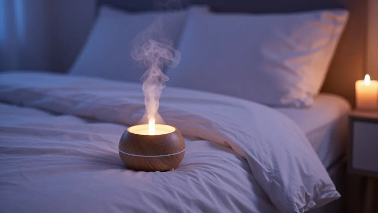 Romanticky osvětlená ložnice s difuzérem pro relaxační rituál