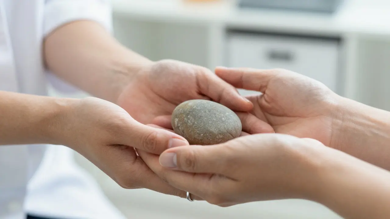 Ruce sdílející kamenný symbol důvěry a souhlasu v terapii