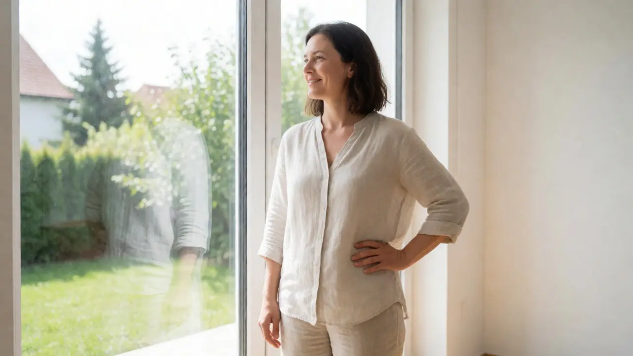 Sebevědomá žena stojí u okna v lehkém oblečení s klidným úsměvem
