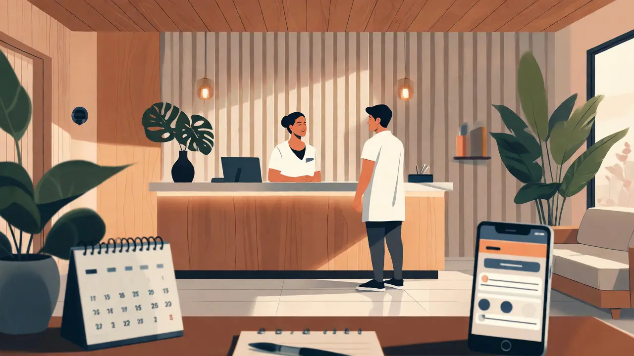 Klient komunikující s recepcí ve wellness centru při potvrzování rezervace masáže.