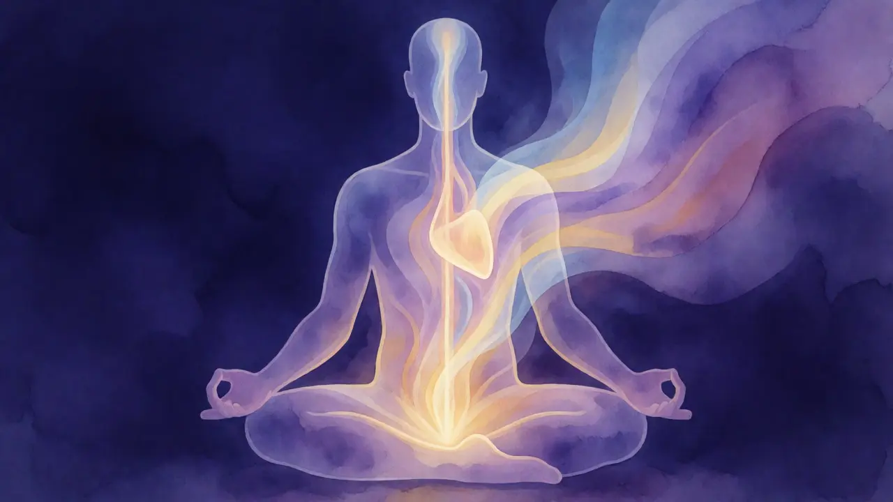 Konceptuální ilustrace toku energie tělem od pánve k srdci v meditativní pozici.