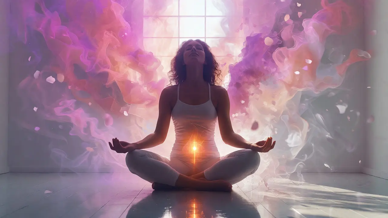 Symbolický obraz ženy v meditaci se zlatou energií v oblasti lůna, duchovní klid.