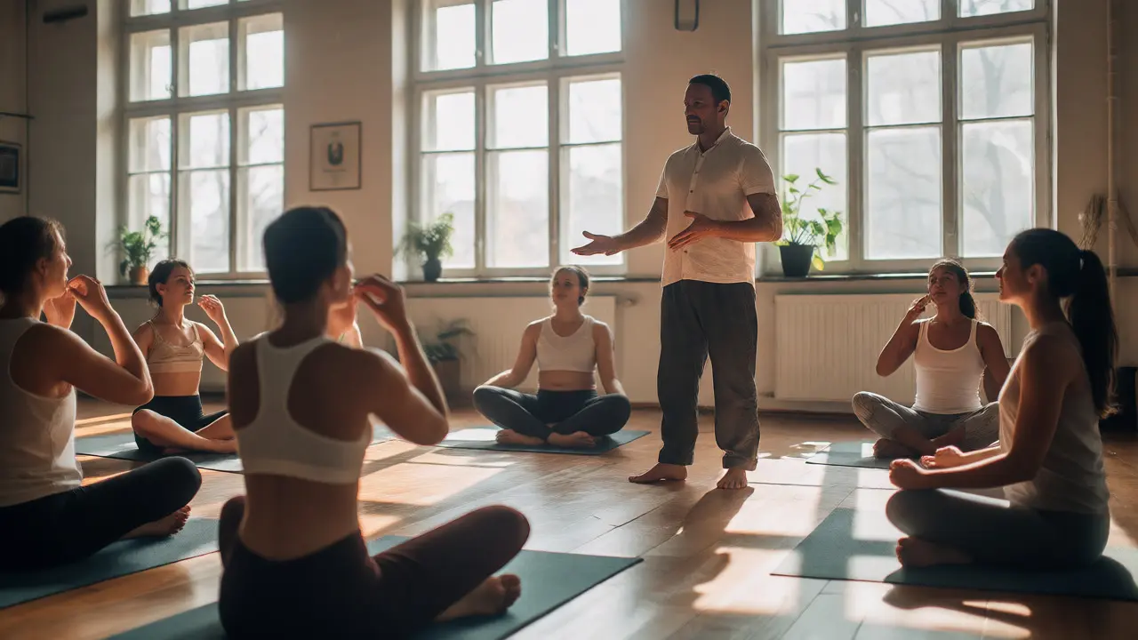 Certifikovaný lektor vede skupinový workshop s páry ve světlém studiu v Praze.
