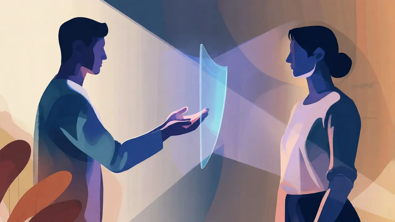 Konceptuální ilustrace respektování hranic a důvěry mezi klientem a terapeutem.