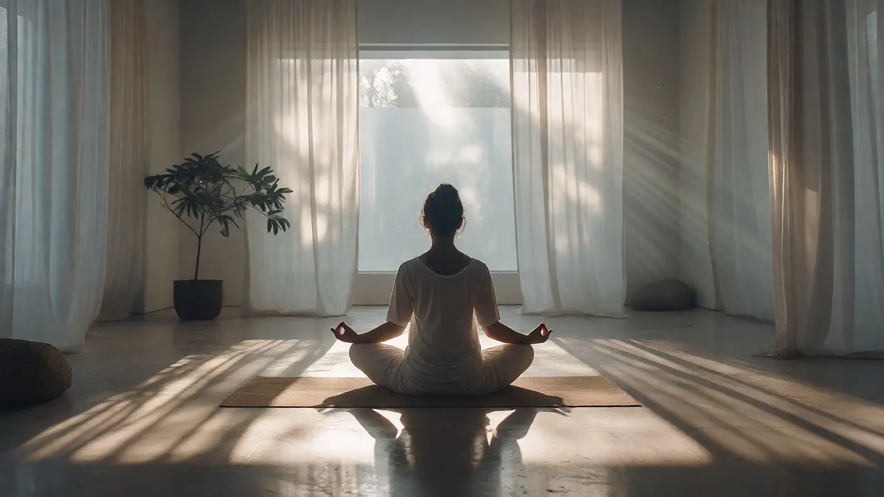 Osoba v meditaci ve slunečním světle, vyzařující klid a vnitřní rovnováhu